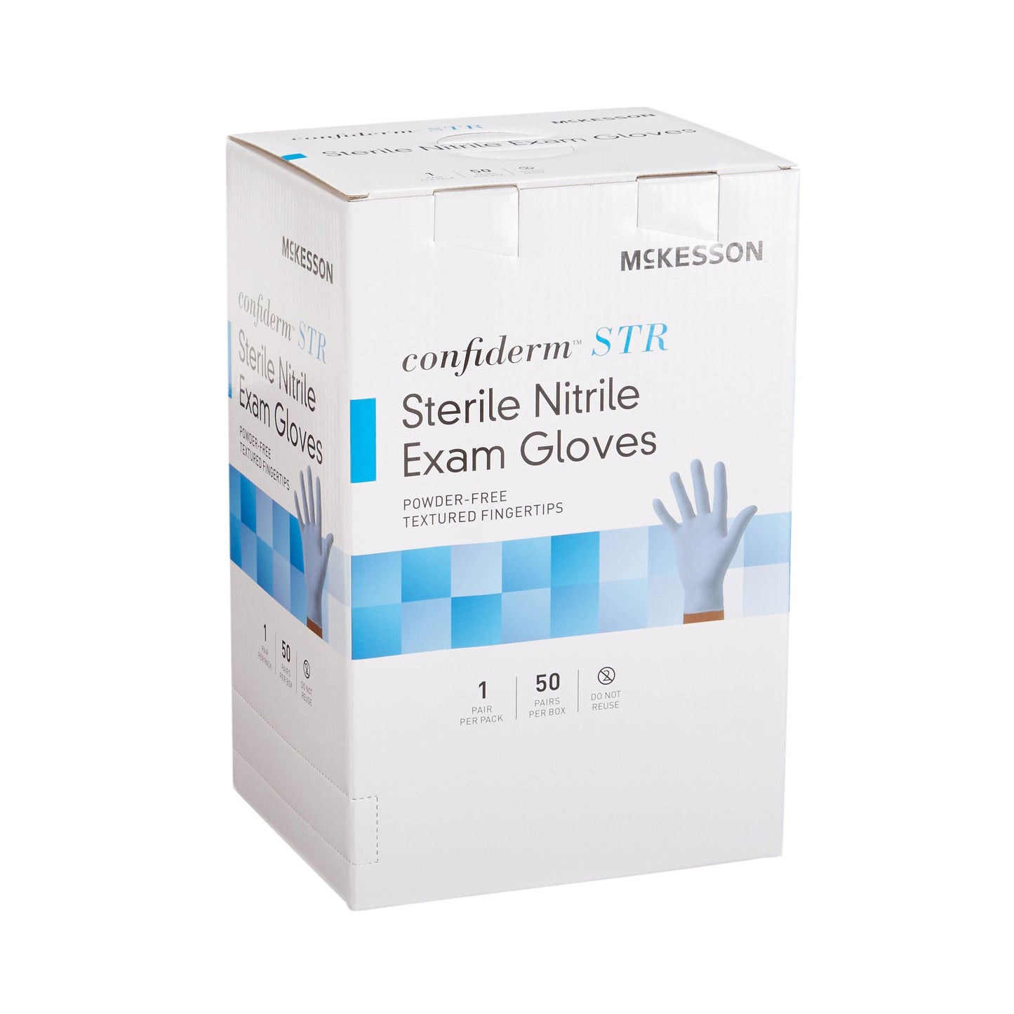 McKesson Confiderm® STR Exam Glove X-Large Sterile Pair Nitrile Standard Cuff Length Textured Fingertips Blue Not Rated (1065408_CS)