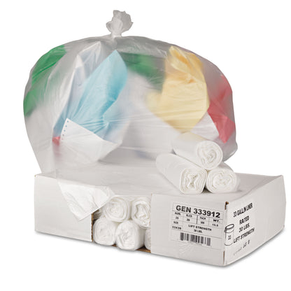 Boardwalk® High-Density Can Liners, 33 gal, 9 mic, 33" x 39", Natural, Perforated Roll, 25 Bags/Roll, 20 Rolls/Carton (BWK333912)