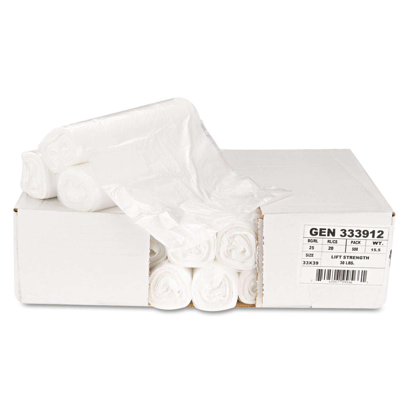 Boardwalk® High-Density Can Liners, 33 gal, 9 mic, 33" x 39", Natural, Perforated Roll, 25 Bags/Roll, 20 Rolls/Carton (BWK333912)