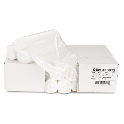 Boardwalk® High-Density Can Liners, 33 gal, 9 mic, 33" x 39", Natural, Perforated Roll, 25 Bags/Roll, 20 Rolls/Carton (BWK333912)