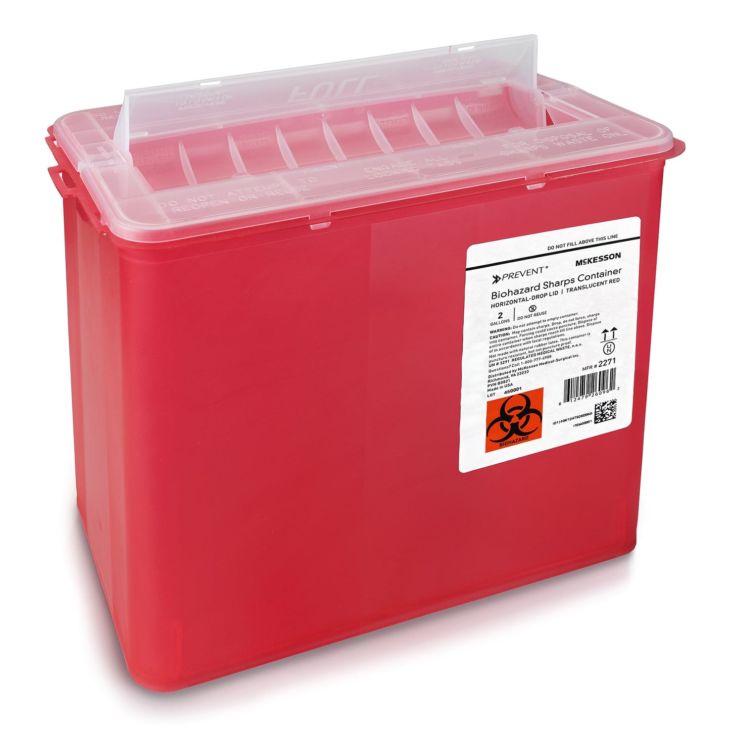McKesson Prevent® Sharps Container Translucent Red Base 9-1/4 H X 10 W X 6 D Inch Horizontal Entry 2 Gallon (1202201_CS)