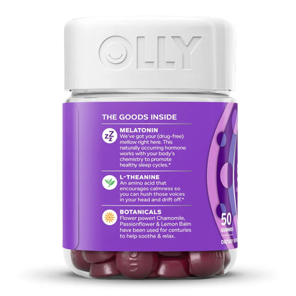 OLLY® Sleep Dietary Supplement L-Theanine / Melatonin / Botanicals 100 mg - 3 mg - 16 to 17 mg Strength Gummy 50 per Bottle Blackberry Zen Flavor (1228383_BT)
