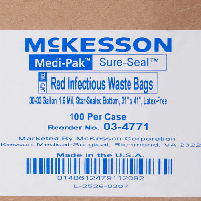 McKesson Biohazard Waste Bag Biohazard Symbol / Infectious Waste 30 to 33 gal. Red 31 X 41 Inch (178674_CS)