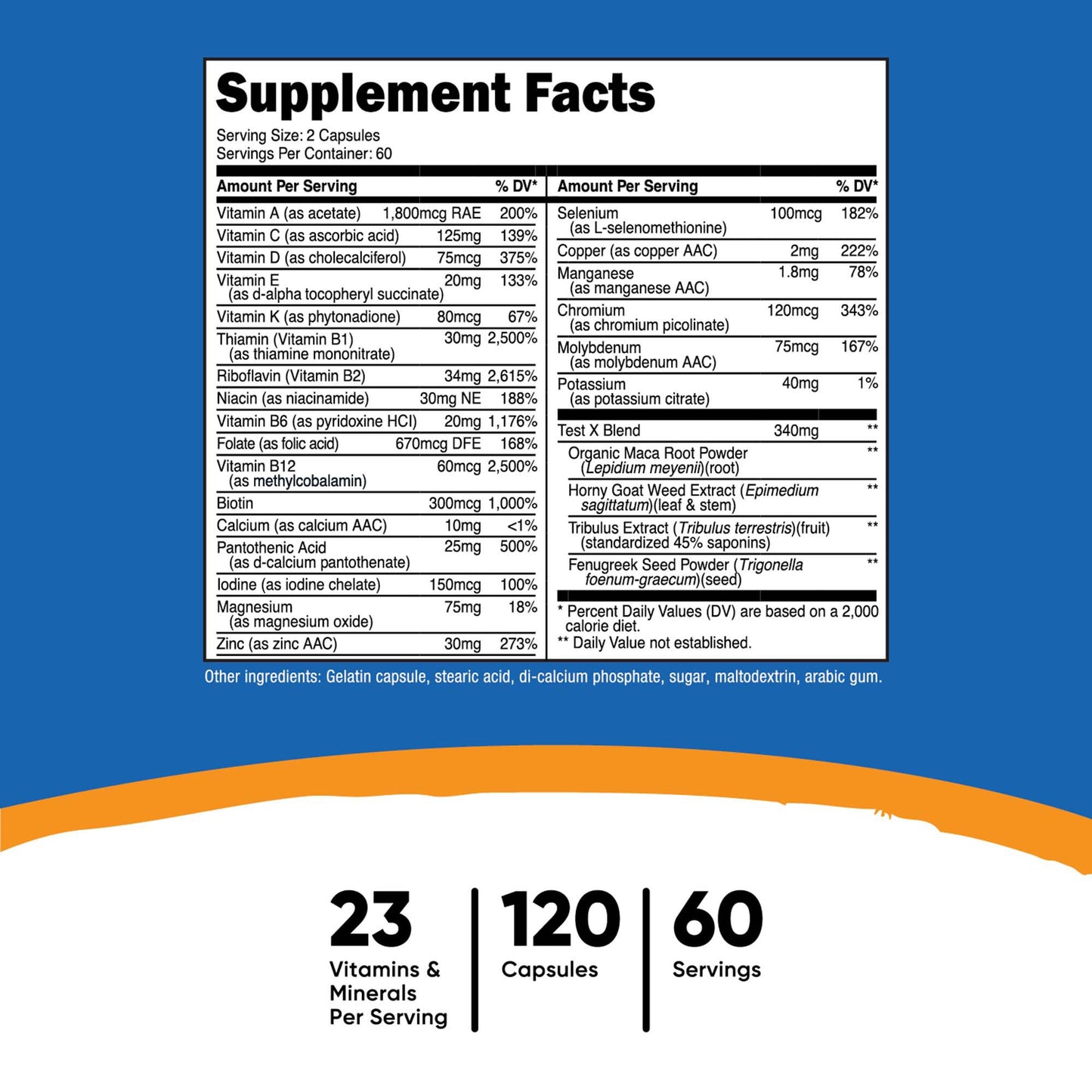 nutricost® Multivitamin For Men Dietary Supplement Vitamin A / C / D / E / K 1,800 mcg - 125 mg - 75 mcg - 20 mg - 80 mcg Strength Capsule 120 Per Bottle (1270268_BT)