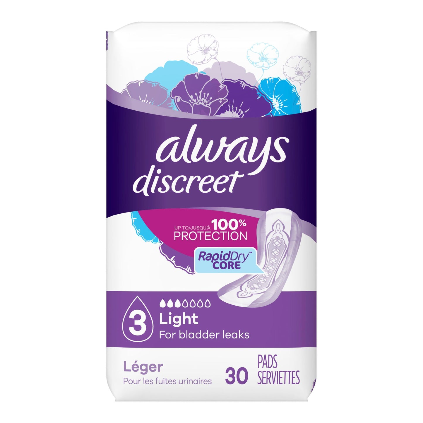 Always® Discreet Bladder Control Pad 9.4 Inch Length Light Absorbency Super Absorbent Core Size 3 (928408_CS)