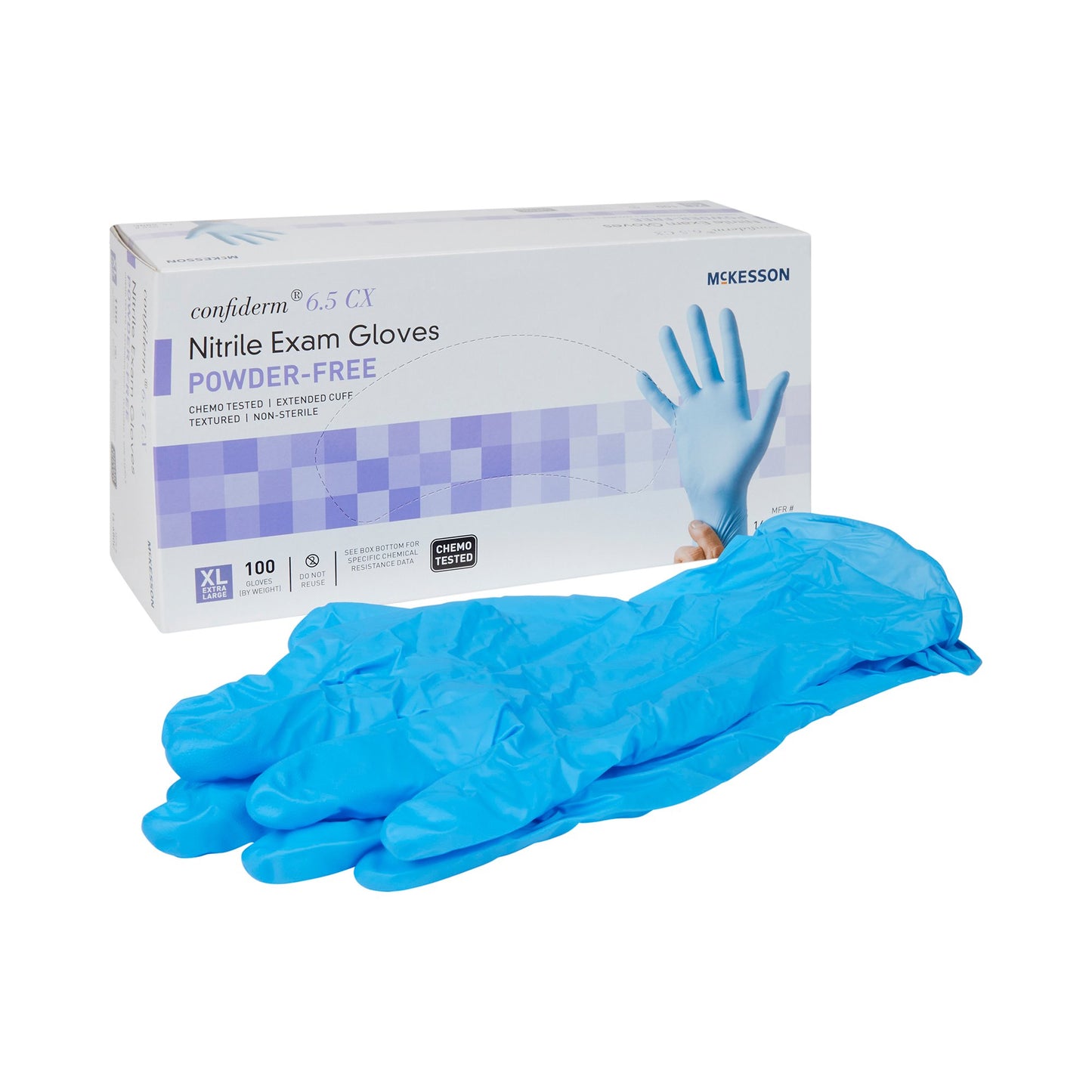 McKesson Confiderm® 6.5CX Exam Glove X-Large NonSterile Nitrile Extended Cuff Length Textured Fingertips Blue Chemo Tested (921609_CS)