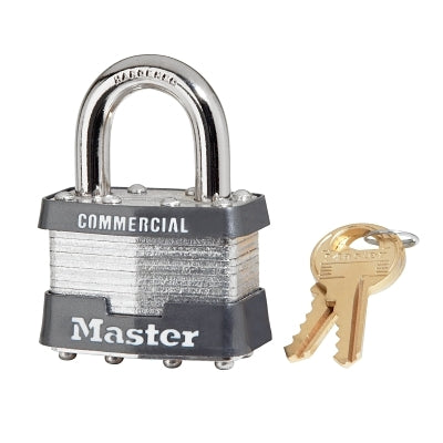 Master Lock Company No. 1 Laminated Steel Padlock, 5/16 in dia, 3/4 in W x 15/16 in H Shackle, Silver/Gray, Keyed Different, Keyed Varies (470-1DCOM)