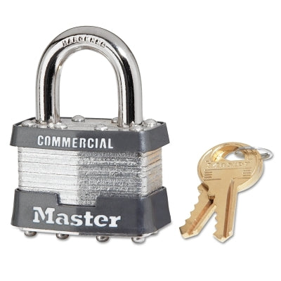 Master Lock Company No. 1 Laminated Steel Padlock, 5/16 in dia, 3/4 in W x 15/16 in H Shackle, Silver/Gray, Keyed Alike, Keyed 3357 (470-1KA-3357)