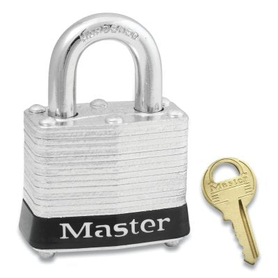 Master Lock Company No. 3 Laminated Steel Padlock, 9/32 in dia, 5/8 in W x 3/4 in H Shackle, Silver/Black, Keyed Different, Varies (470-3BLK)