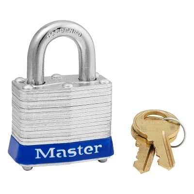 Master Lock Company No. 3 Laminated Steel Padlock, 9/32 in dia, 5/8 in W x 3/4 in H Shackle, Silver/Blue, Keyed Different, Varies (470-3BLU)