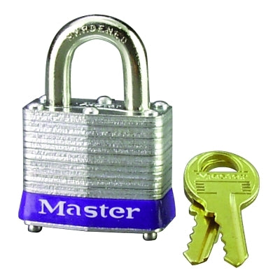 Master Lock Company No. 3 Laminated Steel Padlock, 9/32 in dia, 5/8 in W x 3/4 in H Shackle, Silver/Blue, Keyed Different, Varies (470-3D)