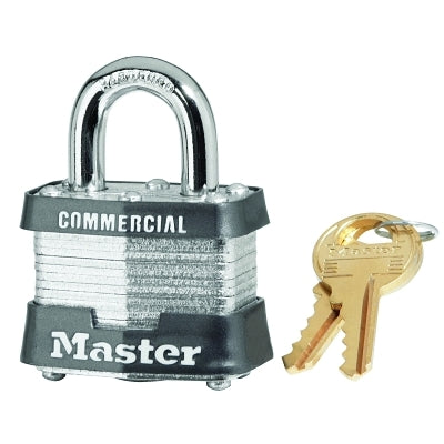 Master Lock Company No. 3 Laminated Steel Padlock, 9/32 in dia, 5/8 in W x 3/4 in H Shackle, Silver/Gray, Keyed Different, Varies (470-3DCOM)