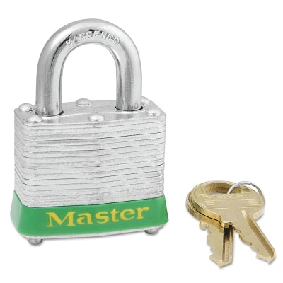 Master Lock Company No. 3 Laminated Steel Padlock, 9/32 in dia, 5/8 in W x 3/4 in H Shackle, Silver/Green, Keyed Different, Varies (470-3GRN)