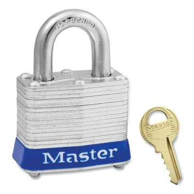 Master Lock Company No. 3 Laminated Steel Padlock, 9/32 in dia, 5/8 in W x 3/4 in H Shackle, Silver/Blue, Keyed Alike, Keyed 3210 (470-3KABLU-3210)