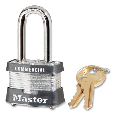 Master Lock Company No. 3 Laminated Steel Padlock, 9/32 in dia, 5/8 in W x 1-1/2 in H Shackle, Silver/Black, Keyed Alike, Keyed 0750 (470-3KALFBLK0750)