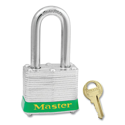 Master Lock Company No. 3 Laminated Steel Padlock, 9/32 in dia, 5/8 in W x 1-1/2 in H Shackle, Silver/Green, Keyed Alike, Keyed 3210 (470-3KALFGRN3210)