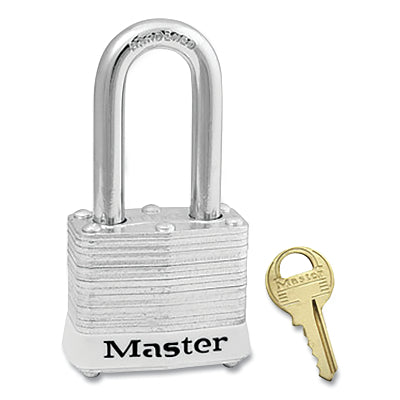 Master Lock Company No. 3 Laminated Steel Padlock, 9/32 in dia, 5/8 in W x 1-1/2 in H Shackle, Silver/White, Keyed Alike, Keyed 3840 (470-3KALFWHT3840)