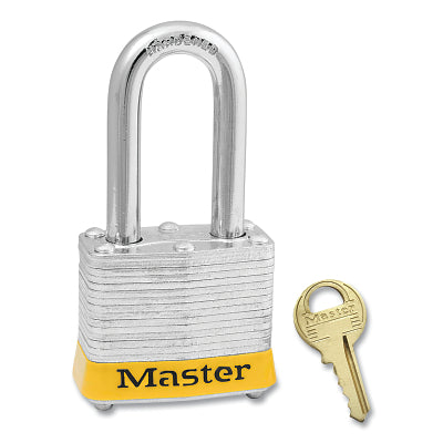 Master Lock Company No. 3 Laminated Steel Padlock, 9/32 in dia, 5/8 in W x 1-1/2 in H Shackle, Silver/Yellow, Keyed Alike, Keyed 3950 (470-3KALFYLW3950)