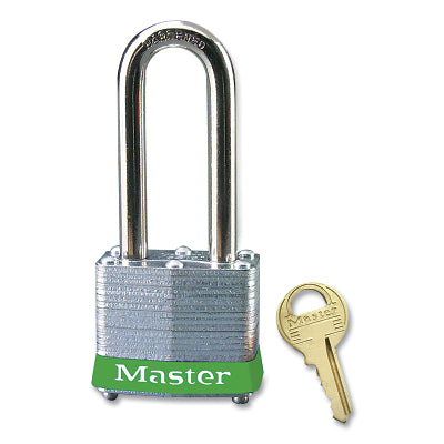 Master Lock Company No. 3 Laminated Steel Padlock, 9/32 in dia, 5/8 in W x 2 in H Shackle, Silver/Green, Keyed Alike, Keyed 3711 (470-3KALHGRN3711)