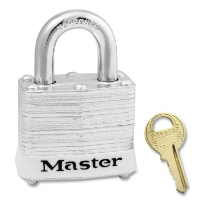 Master Lock Company No. 3 Laminated Steel Padlock, 9/32 in dia, 5/8 in W x 3/4 in H Shackle, Silver/White, Keyed Alike, Keyed 2519 (470-3KAWHT-2519)