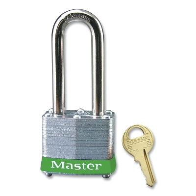 Master Lock Company No. 3 Laminated Steel Padlock, 9/32 in dia, 5/8 in W x 2 in H Shackle, Silver/Green, Keyed Different, Varies (470-3LHGRN)