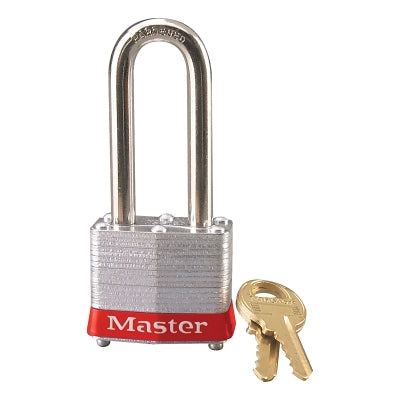 Master Lock Company No. 3 Laminated Steel Padlock, 9/32 in dia, 5/8 in W x 2 in H Shackle, Silver/Red, Keyed Different, Varies (470-3LHRED)