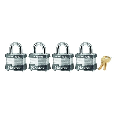 Master Lock Company No. 3 Laminated Steel Padlock, 9/32 in dia, 5/8 in W x 3/4 in H Shackle, Silver/Gray, Keyed Alike, Varies (470-3QCOM)