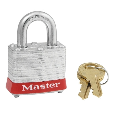 Master Lock Company No. 3 Laminated Steel Padlock, 9/32 in dia, 5/8 in W x 3/4 in H Shackle, Silver/Red, Keyed Different, Varies (470-3RED)