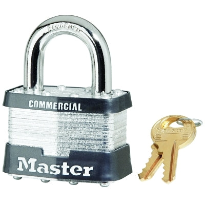 Master Lock Company No. 5 Laminated Steel Padlock, 3/8 in dia x 15/16 in W x 1 in H Shackle, Silver/Gray, Keyed Different (470-5DCOM)