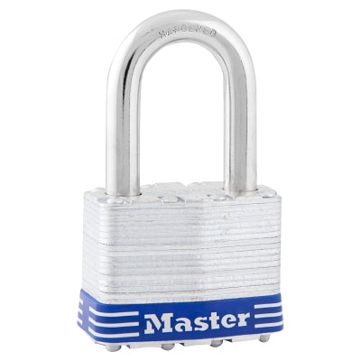 Master Lock Company No. 5 Laminated Steel Padlock, 3/8 in dia x 15/16 in W x 1-1/2 in H Shackle, Silver/Blue, Keyed Different (470-5DLF)