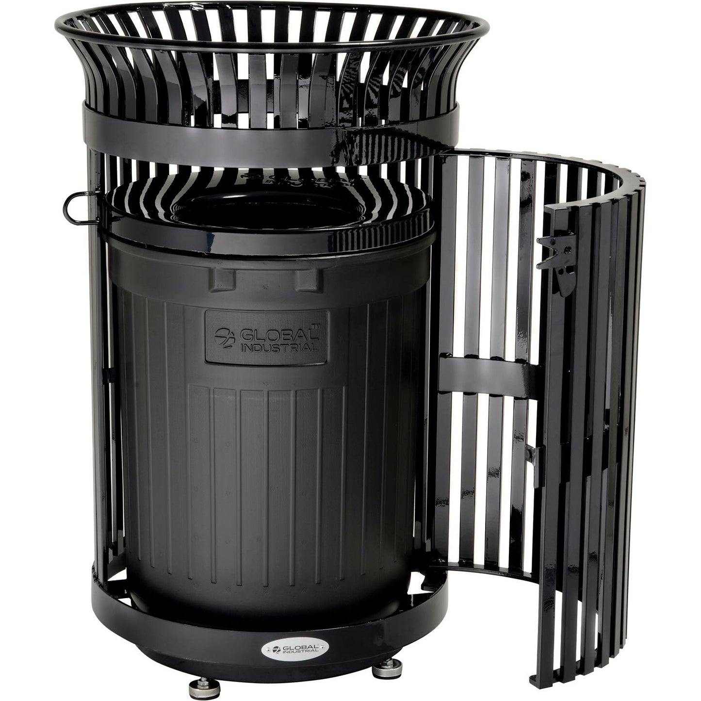 Global Industrial Outdoor Heavy-Duty Slatted Steel Trash Can w/ Door, 36 Gal., 42"H, Black (WB641630BK)