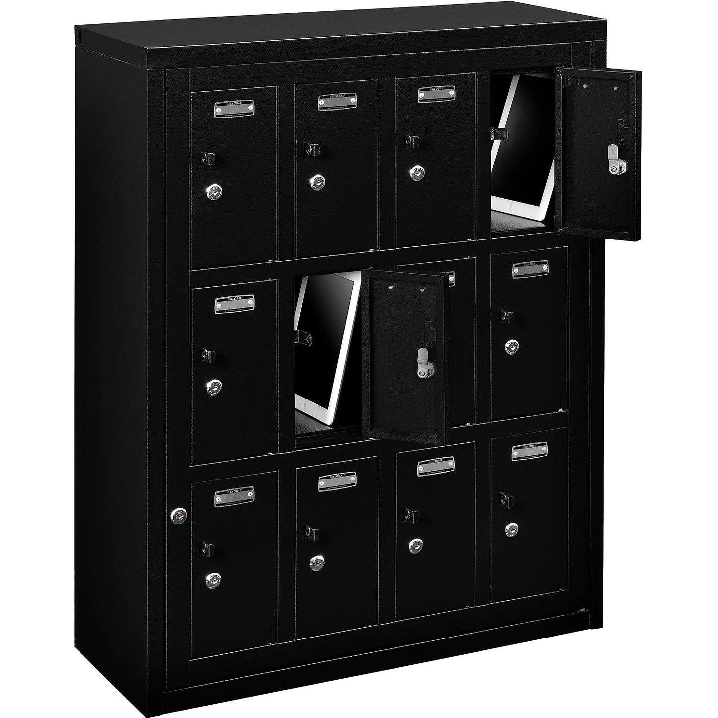 Global Industrial 3-Tier 12 Door Locker w/ Key Lock, 28-1/2"Wx11-1/4"Dx38"H, Black, Assembled (WB493331BK)