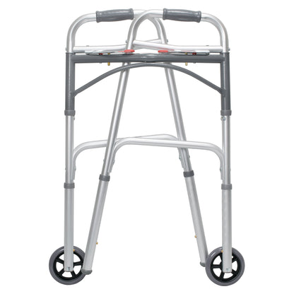 McKesson Dual Release Folding Walker with Wheels Adjustable Height Aluminum Frame 350 lbs. Weight Capacity 32 to 39 Inch Height (1073638_CS)