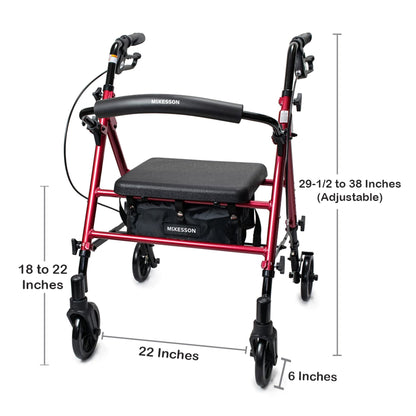 McKesson 4 Wheel Rollator Red Adjustable Height / Folding Aluminum Frame (1095248_EA)