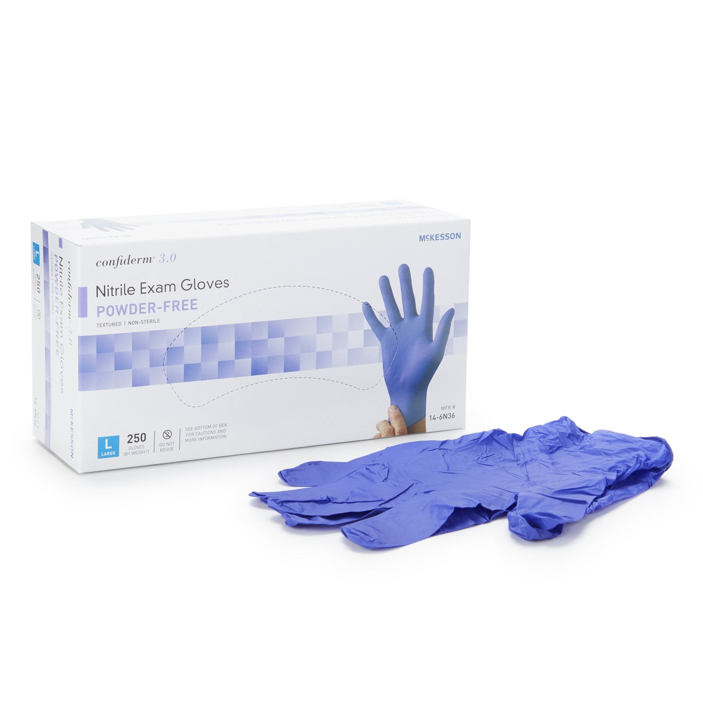 McKesson Confiderm® 3.0 Exam Glove Large NonSterile Nitrile Standard Cuff Length Textured Fingertips Blue Not Rated (957803_BX)