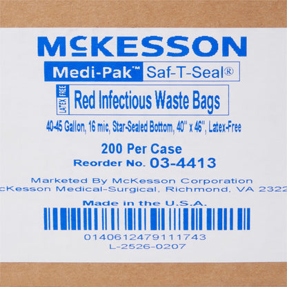 McKesson Biohazard Waste Bag Biohazard Symbol / Infectious Waste 40 to 45 gal. Red 40 X 46 Inch (192886_CS)