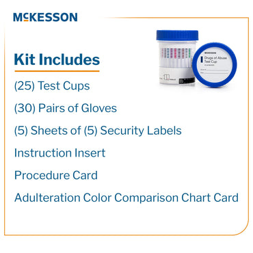 McKesson Drugs of Abuse Test Kit AMP, BAR, BUP, BZO, COC, mAMP/MET, MDMA, MOP300, MTD, OXY, PCP, PPX, TCA, THC (OX, pH, SG) 25 Tests CLIA Waived (1101528_CS)