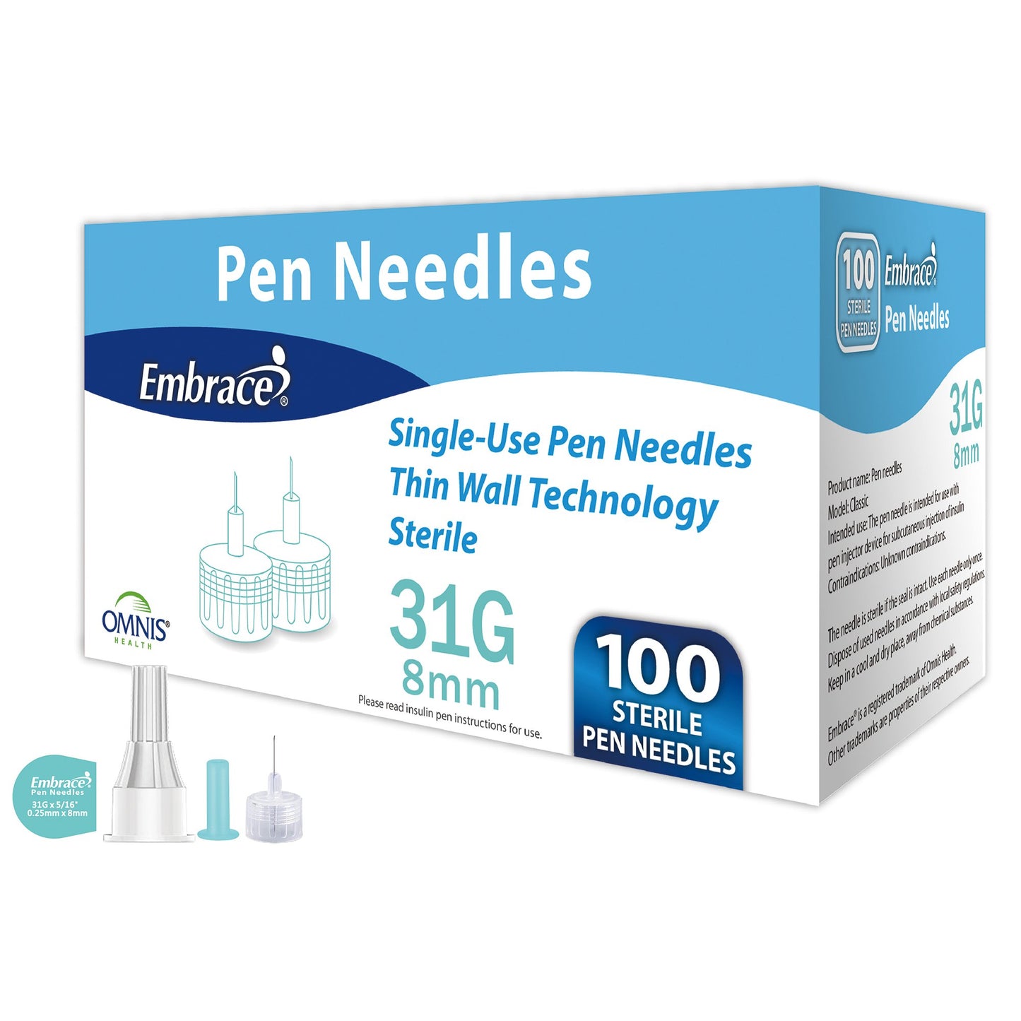 Embrace® Safety Insulin Pen Needle 31 Gauge 8 mm Length Manual Safety (1261952_BX)