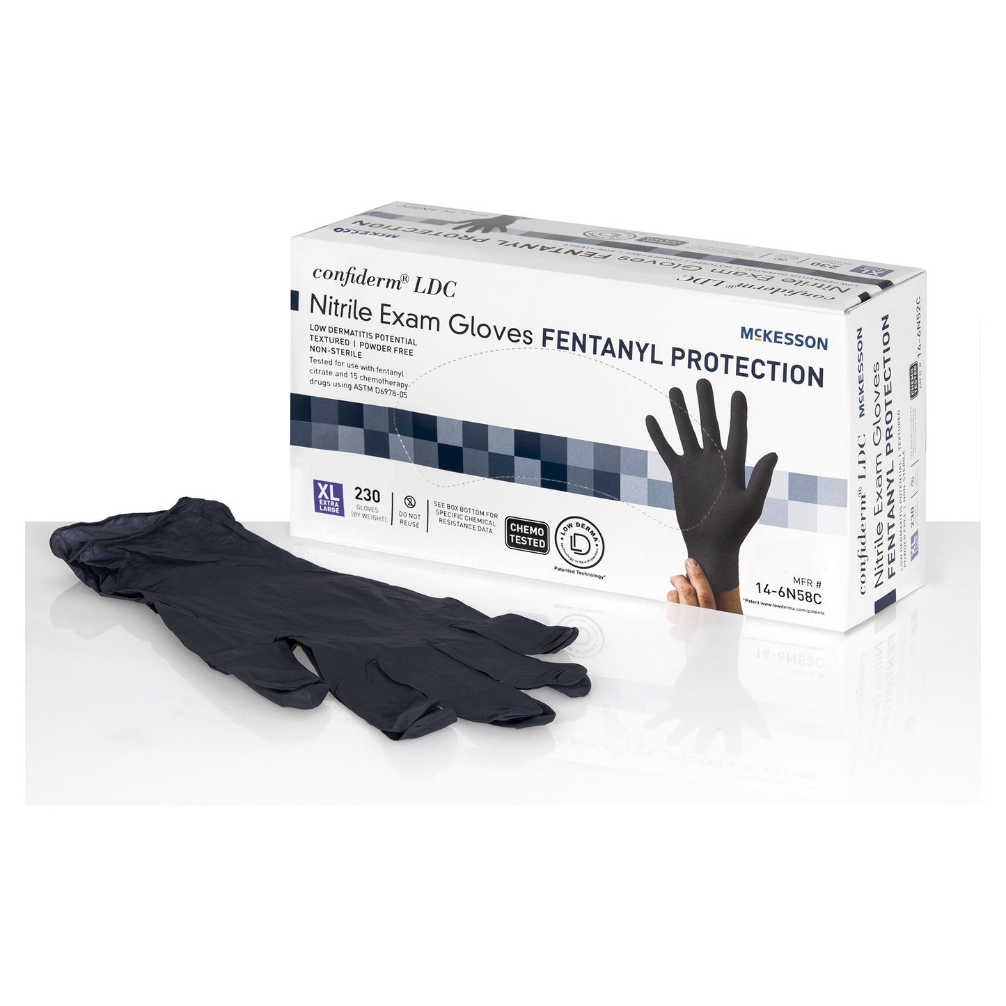 McKesson Confiderm® LDC Exam Glove X-Large NonSterile Nitrile Standard Cuff Length Fully Textured Black Chemo Tested / Fentanyl Tested (1159336_BX)