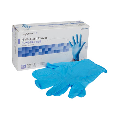 McKesson Confiderm® 3.8 Exam Glove X-Large NonSterile Nitrile Standard Cuff Length Textured Fingertips Blue Not Rated (921612_CS)