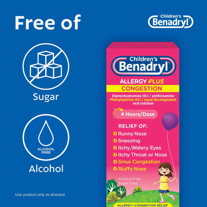 Children’s BENADRYL® Allergy Plus Congestion Children's Allergy Relief 12.5 mg - 5 mg Strength Liquid 4 oz. (1252651_EA)
