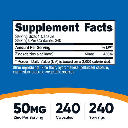 nutricost® Dietary Supplement Zinc Picolinate 50 mg Strength Capsule 240 Per Bottle (1270263_BT)