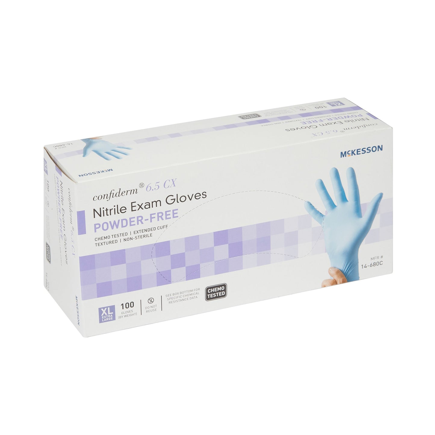 McKesson Confiderm® 6.5CX Exam Glove X-Large NonSterile Nitrile Extended Cuff Length Textured Fingertips Blue Chemo Tested (921609_CS)