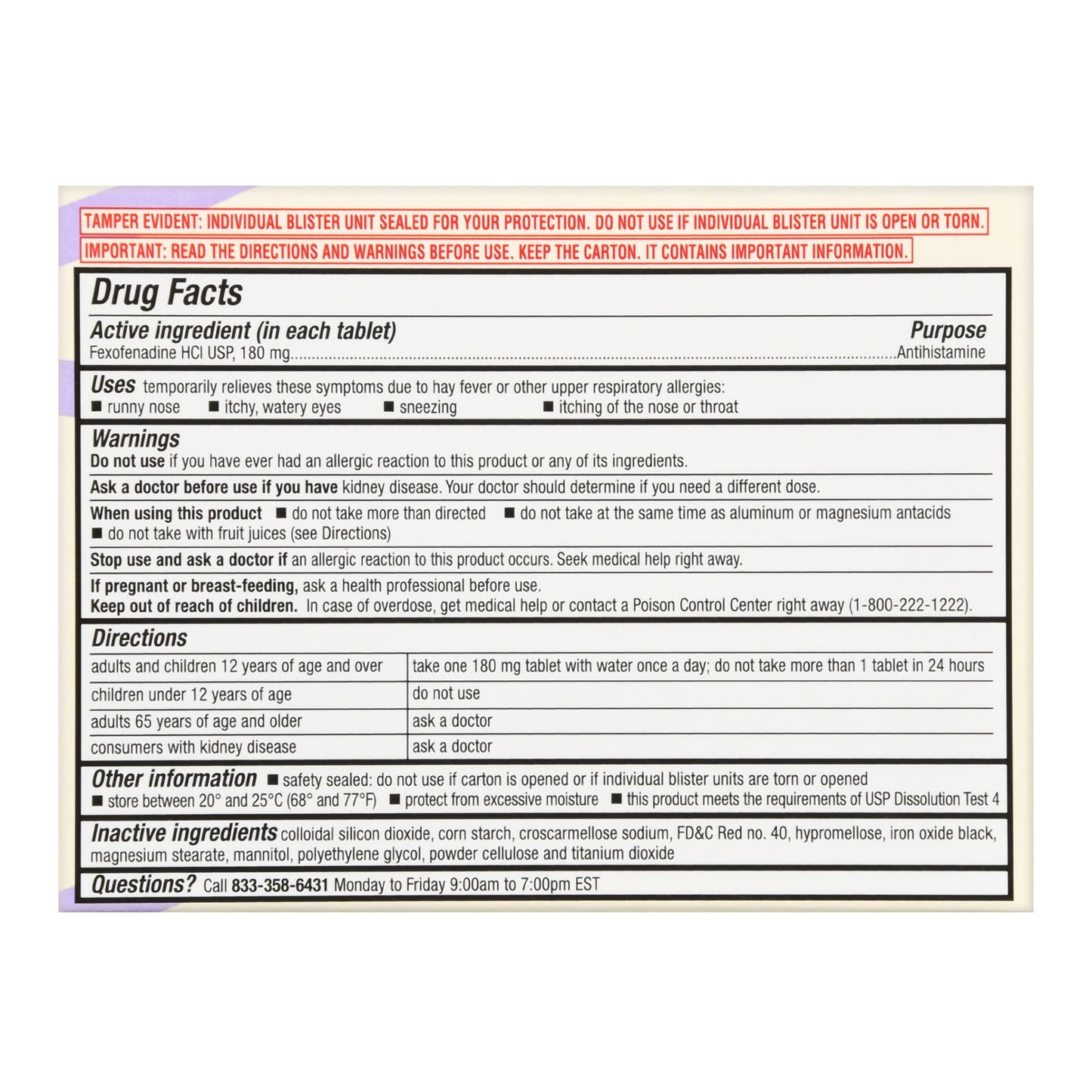 Foster & Thrive™ Allergy Relief 180 mg Strength Tablet 15 per Box (1238969_BX)