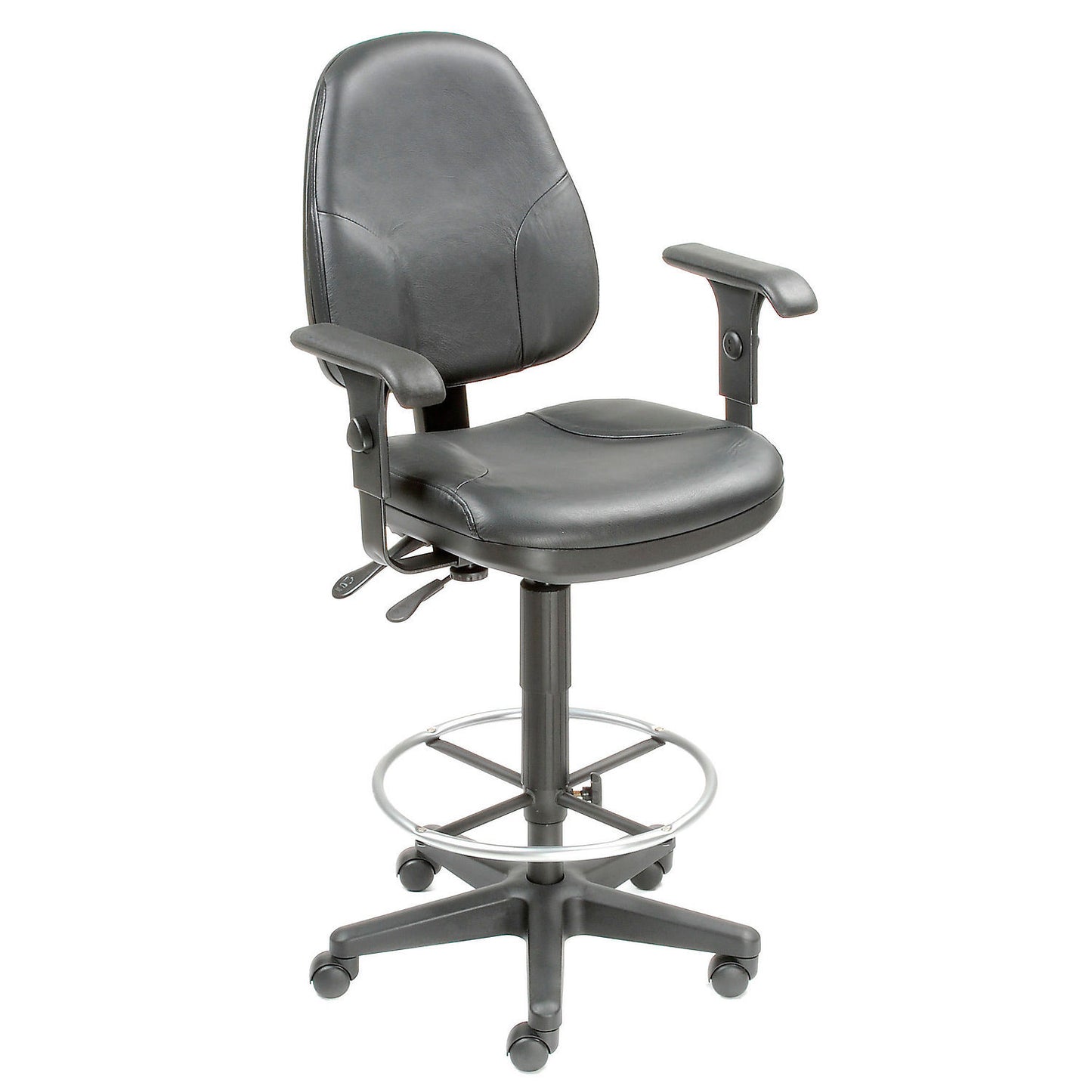 Interion Leather Operator Stool with Arms - 360° Footrest - Black (WB506757)