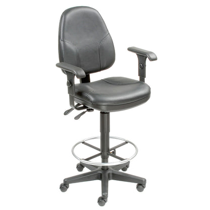 Interion Leather Operator Stool with Arms - 360° Footrest - Black (WB506757)