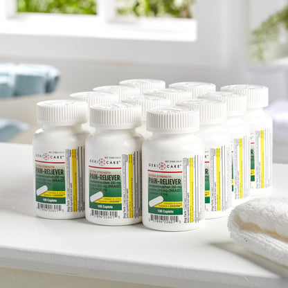 McKesson Brand Pain Relief 250 mg - 250 mg - 65 mg Strength Acetaminophen / Aspirin / Caffeine Caplet 100 per Bottle (868383_BT)