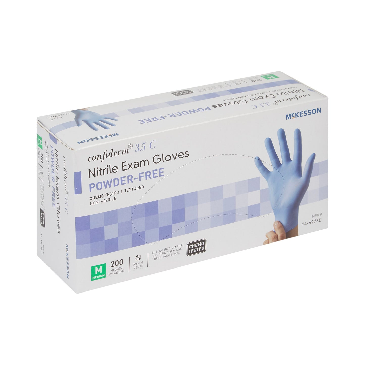 McKesson Confiderm® 3.5C Exam Glove Medium NonSterile Nitrile Standard Cuff Length Textured Fingertips Blue Chemo Tested (765875_CS)