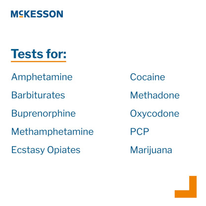 McKesson Drugs of Abuse Test Kit AMP, BAR, BUP, BZO, COC, mAMP/MET, MDMA, MOP300, MTD, OXY, PCP, THC (OX, pH, SG) 25 Tests CLIA Waived (1101519_CS)