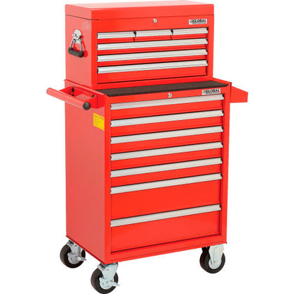 Global Industrial 26-3/8” x 18-1/8" x 52-9/16" 13 Drawer Red Roller Cabinet & Chest Combo (WB535487)